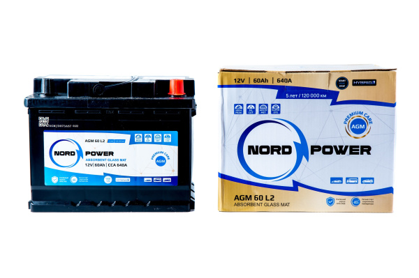 Аккумулятор NORD POWER AGM 60 L2 60A/h (пусковой ток 640А) Start-Stop/Гибрид