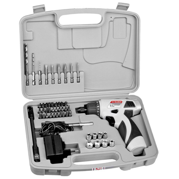 Шуруповерт ЗУБР ЗДА-7.2-Ли-К (универсальный набор в кейсе)