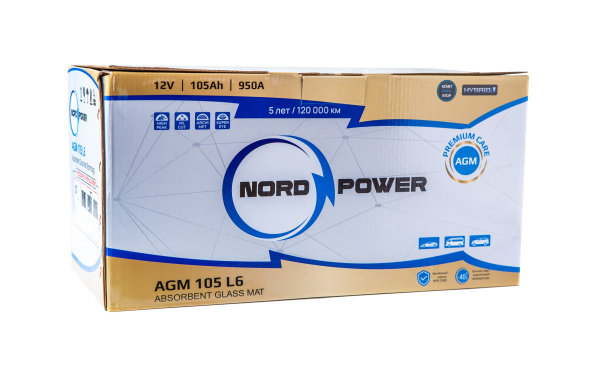 Аккумулятор NORD POWER AGM 105 L6 105A/h (пусковой ток 950А) Start-Stop/Гибрид