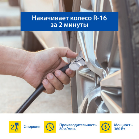 Компрессор Goodyear GY-80L 80 л/мин, двухпоршневой, съемный витой шланг, сумка для хранения, питание от АКБ GY000118