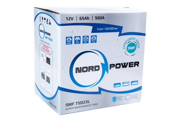 Аккумулятор NORD POWER SMF 75D23L 65A/h (пусковой ток 560А)