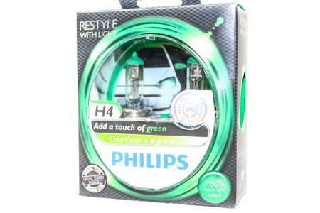 12342CVPGS2 Комплект ламп Philips ColorVision H4 60/55W+60% света,зеленый цвет
