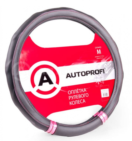 Оплетка (чехол) на руль AUTOPROFI AP-1408BK экокожа, черный/розовый