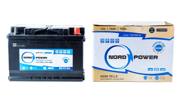 Аккумулятор NORD POWER AGM 70 L3 70A/h (пусковой ток 700А) Start-Stop/Гибрид
