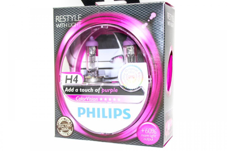 12342CVPPS2 Комплект ламп Philips ColorVision H4 60/55W+60% света,фиолетовый цвет