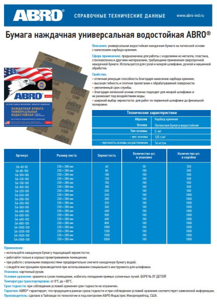Наждачная бумага-1500 23*28см SA-1500-100 ABRO