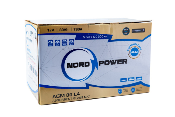 Аккумулятор NORD POWER AGM 80 L4 80A/h (пусковой ток 780А) Start-Stop/Гибрид