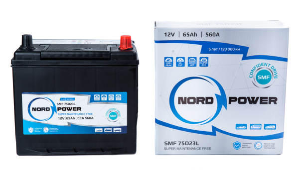 Аккумулятор NORD POWER SMF 75D23L 65A/h (пусковой ток 560А)