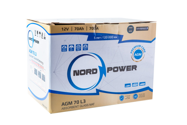 Аккумулятор NORD POWER AGM 70 L3 70A/h (пусковой ток 700А) Start-Stop/Гибрид