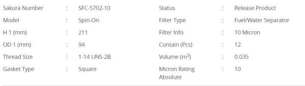 Фильтр топливный сепаратор SAKURA SFC-5702-10 (380094, FS 1022)