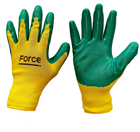 Перчатки нейлоновые желтые с зеленым нитриловым покрытием маслостойкие Force (TG98626)(упак 12шт)