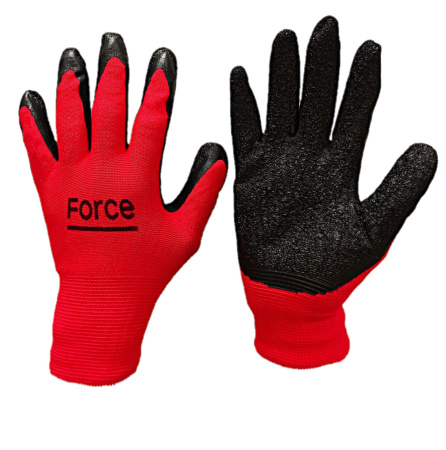 Перчатки нейлоновые красные с черным нитриловым покрытием маслостойкие Force (TG98623) (упак 12шт)
